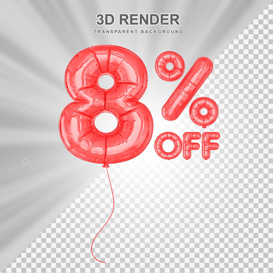 Elemento 3D Balão Vermelho de Número 8% para Composição PSD