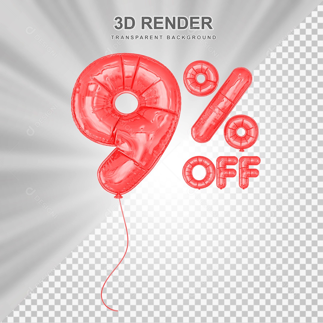 Elemento 3D Balão Vermelho de Número 9% para Composição PSD