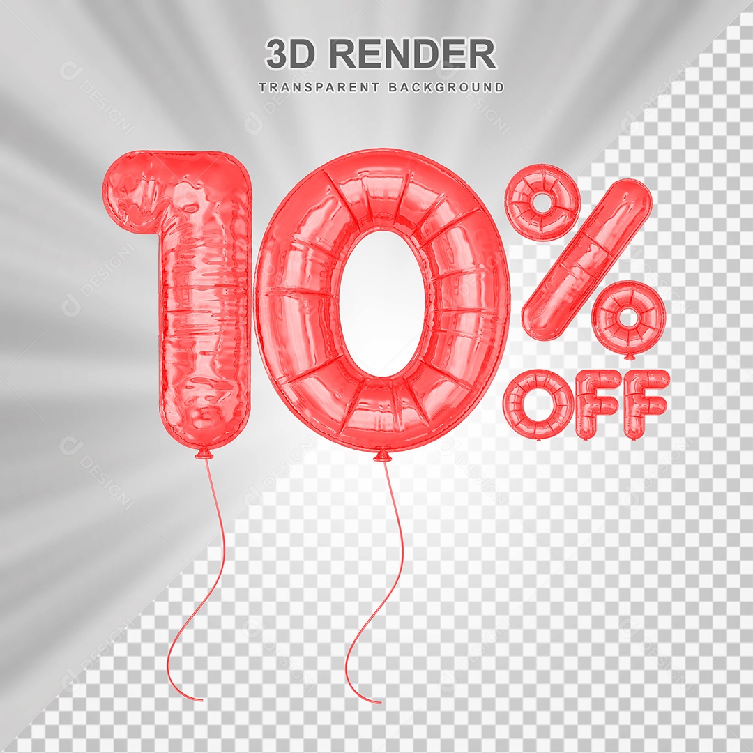 Elemento 3D Balão Vermelho de Número 10% para Composição PSD