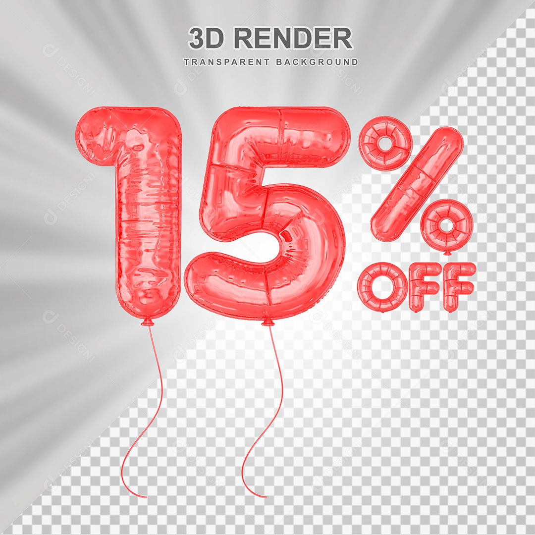 Elemento 3D Balão Vermelho de Número 15% para Composição PSD
