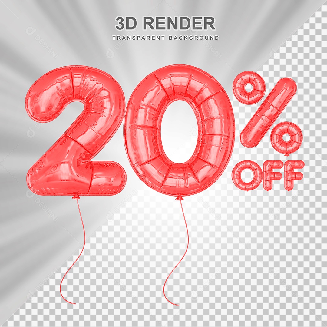 Elemento 3D Balão Vermelho de Número 20% para Composição PSD