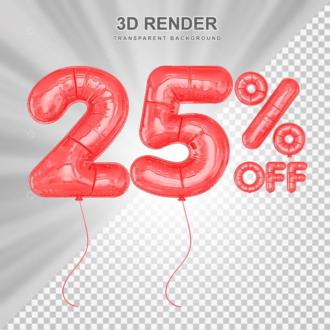 Elemento 3D Balão Vermelho de Número 25% para Composição PSD