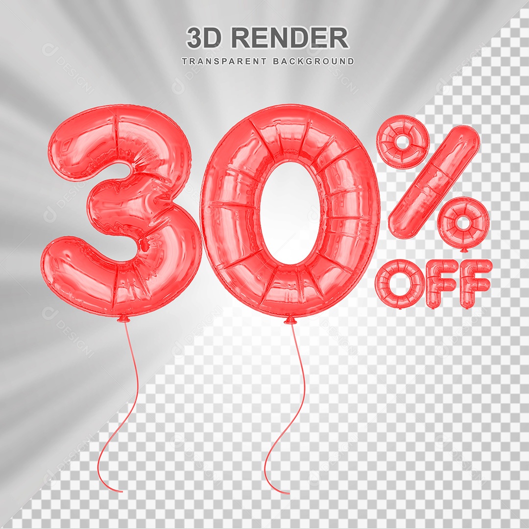 Elemento 3D Balão Vermelho de Número 30% para Composição PSD