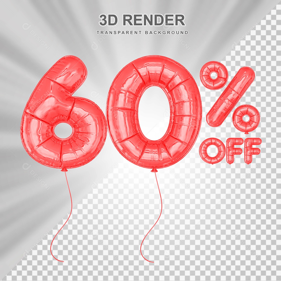 Elemento 3D Balão Vermelho de Número 60% para Composição PSD