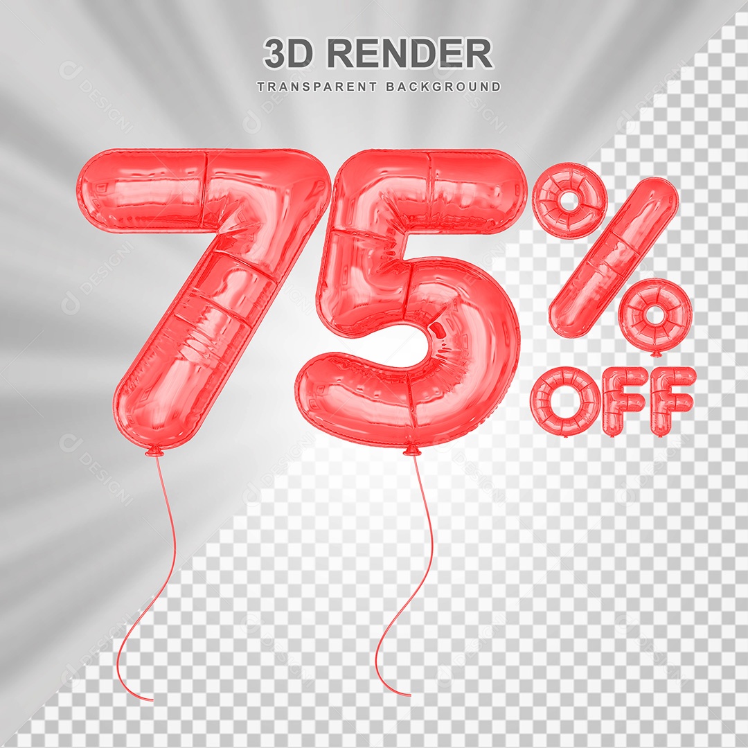 Elemento 3D Balão Vermelho de Número 75% para Composição PSD