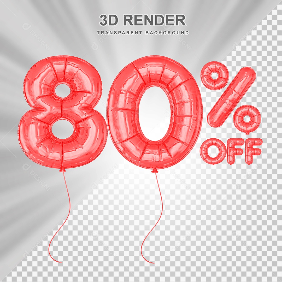 Elemento 3D Balão Vermelho de Número 80% para Composição PSD