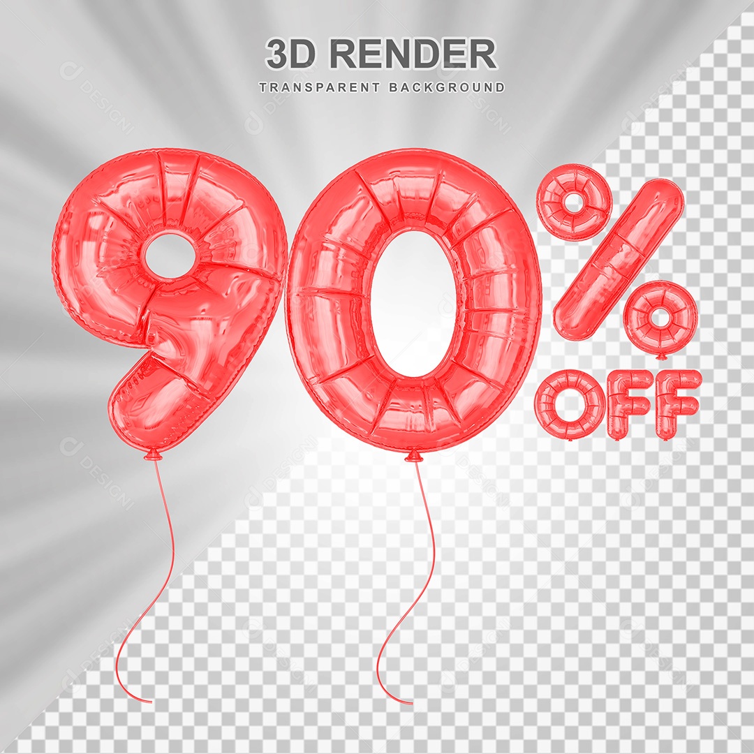 Elemento 3D Balão Vermelho de Número 90% para Composição PSD