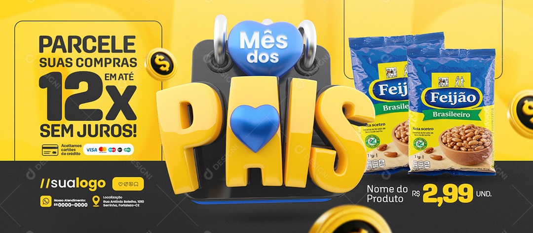 Banner Mês dos Pais Supermercado Pacote de Feijão Social Media PSD Editável