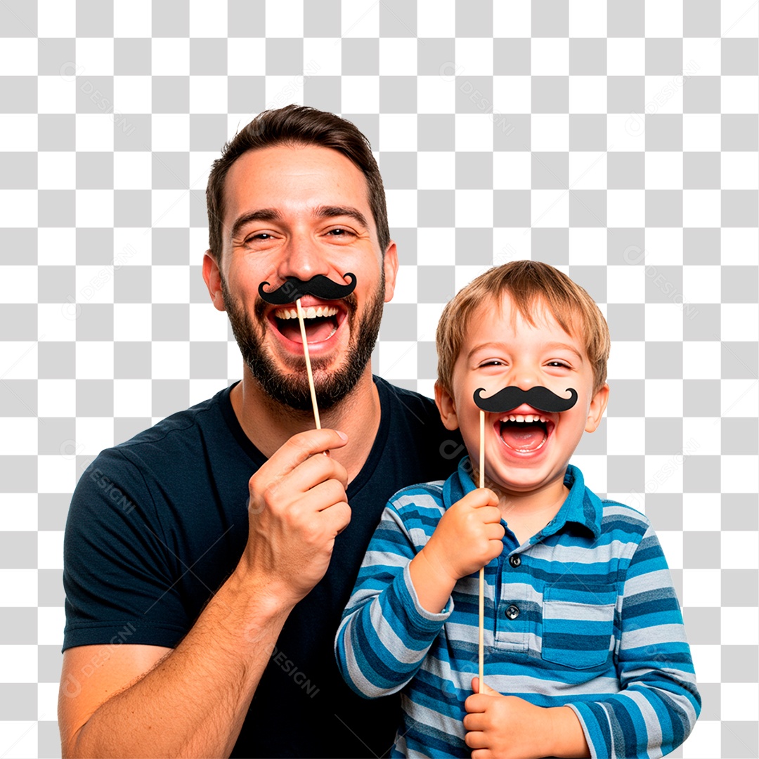Pai e Filho Segurando Bigode Falso PNG Transparente