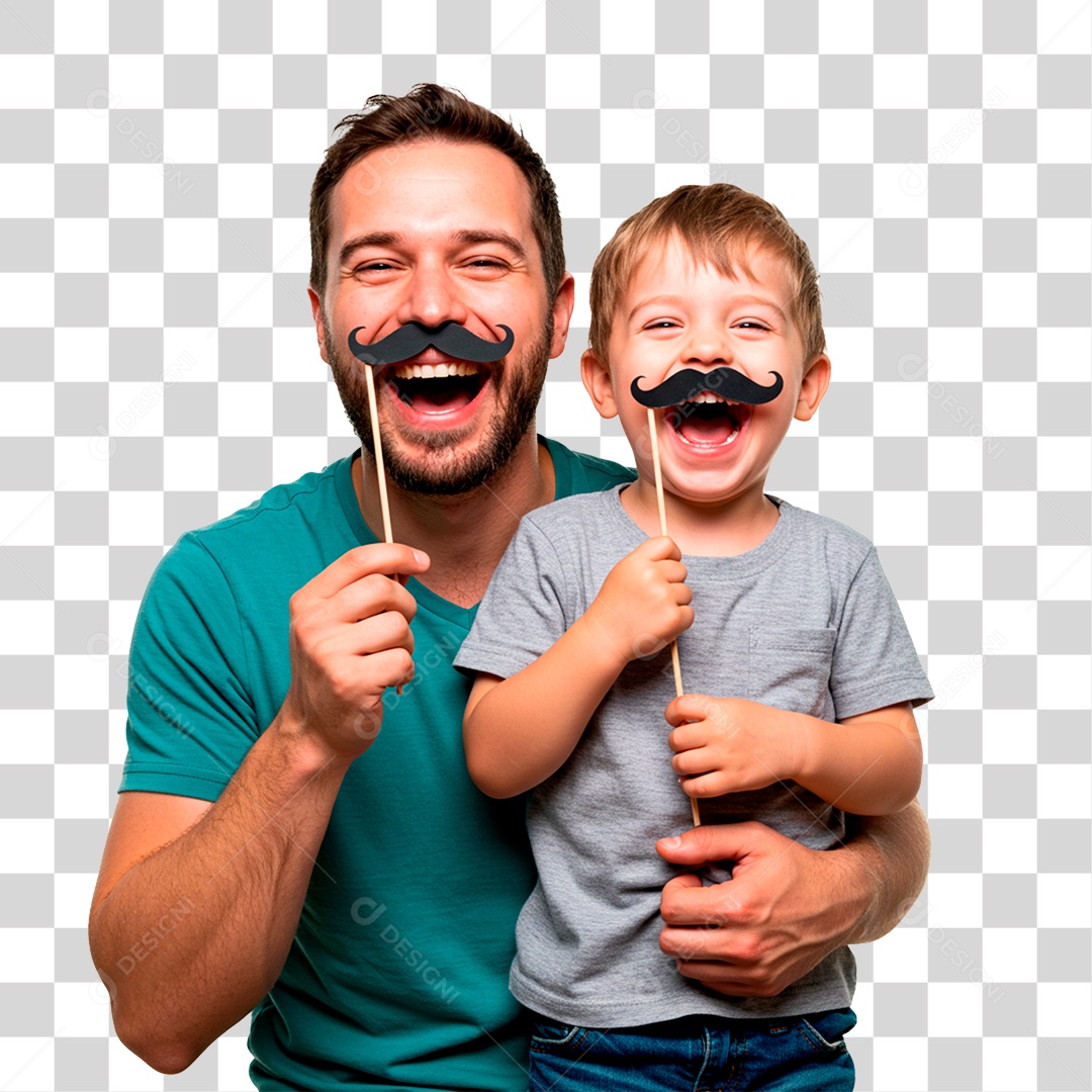 Pai e Filho Segurando Bigode Falso PNG Transparente