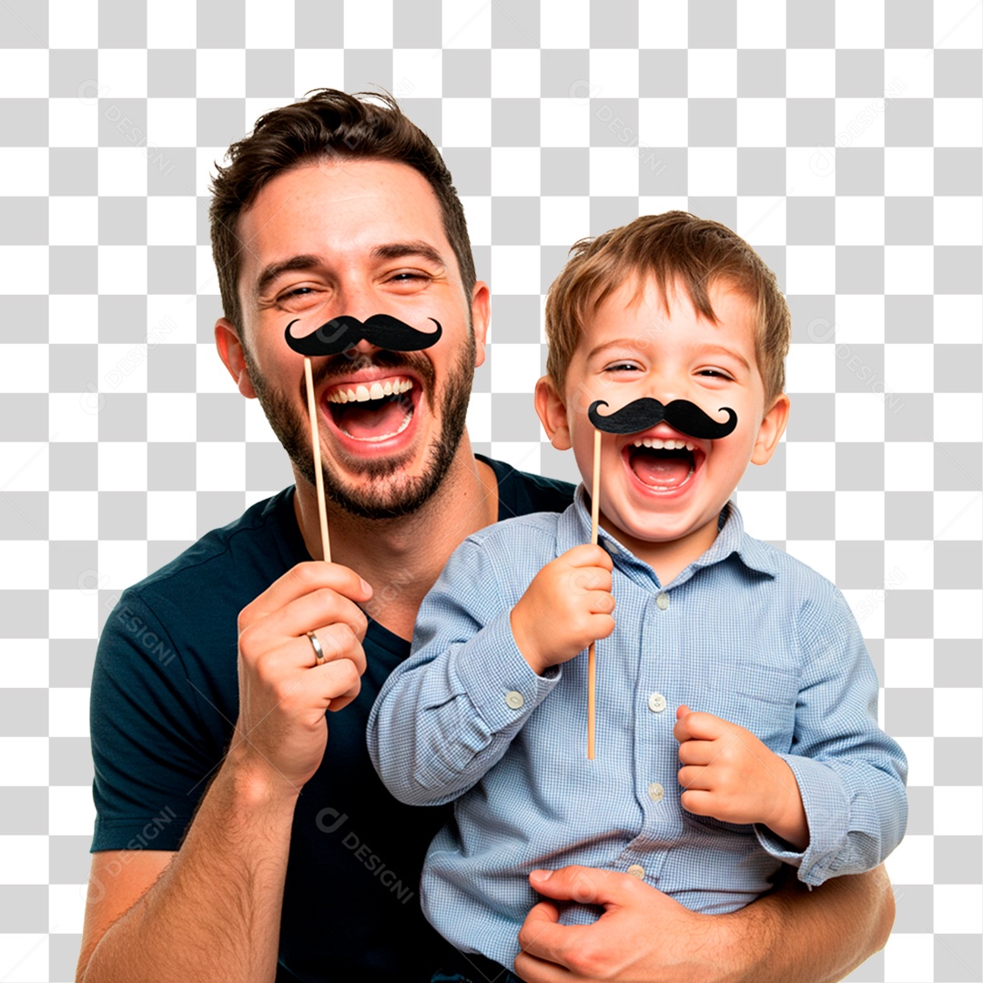 Pai e Filho Segurando Bigode Falso PNG Transparente