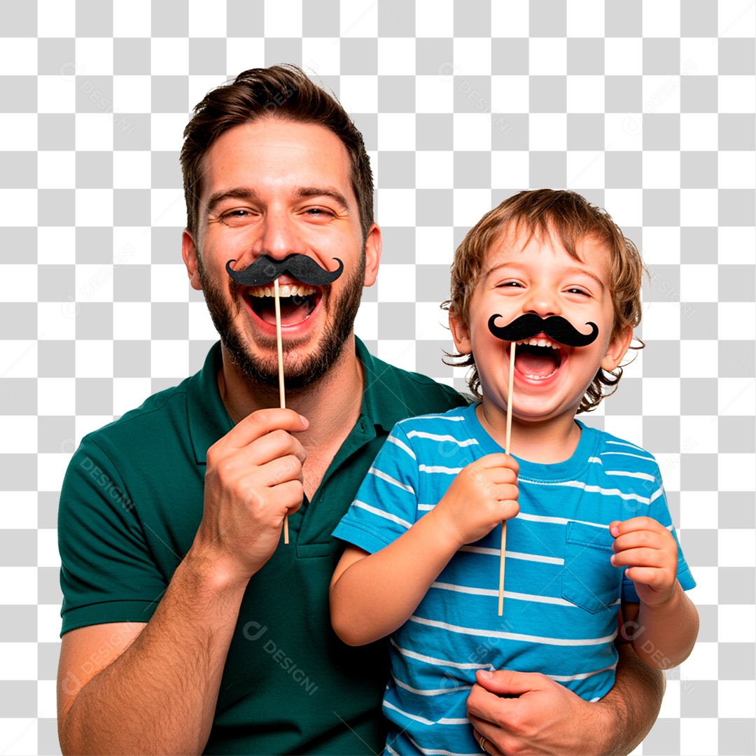 Pai e Filho Segurando Bigode Falso PNG Transparente