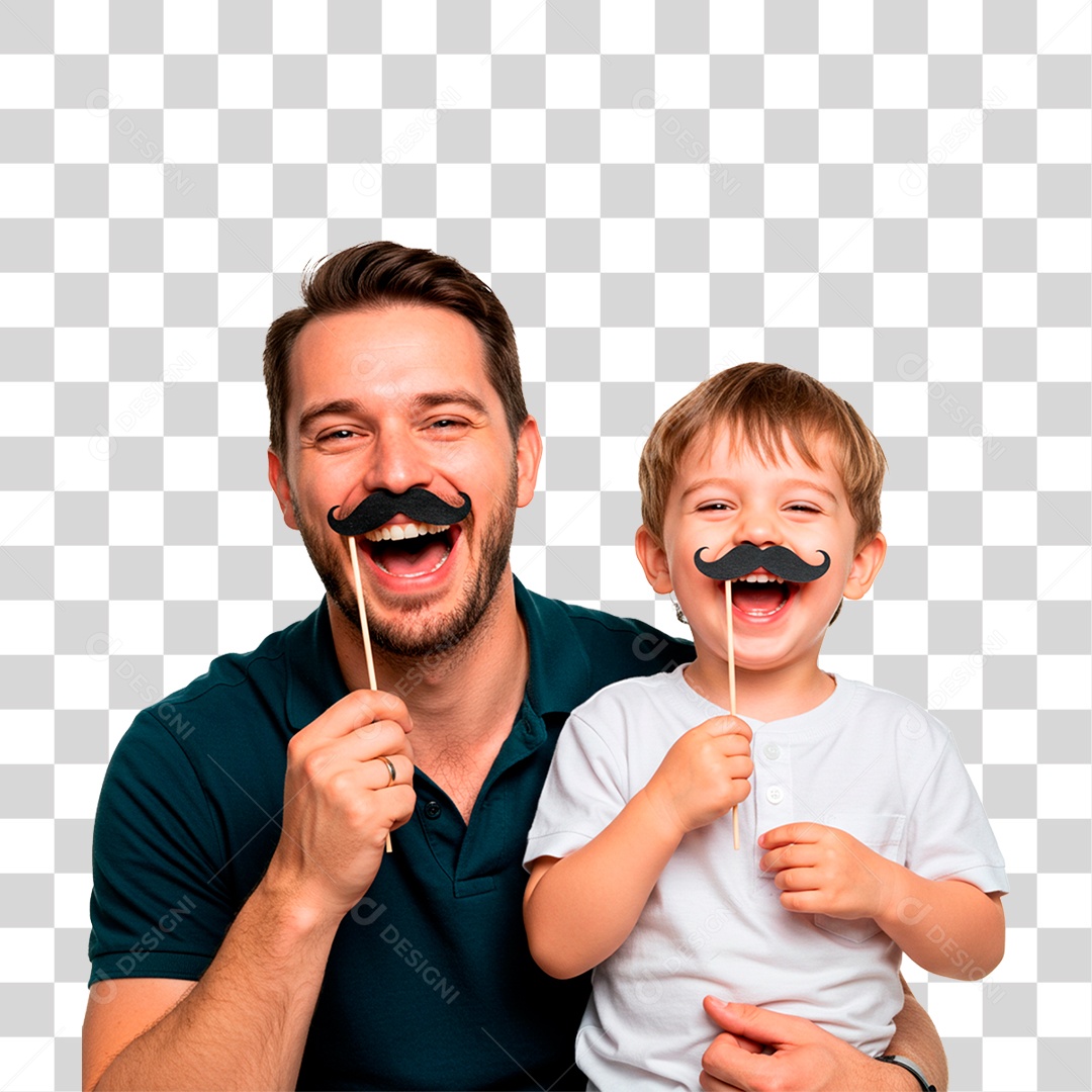 Pai e Filho Segurando Bigode Falso PNG Transparente