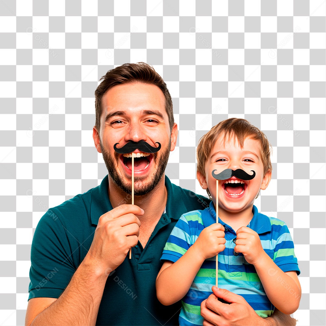 Pai e Filho Segurando Bigode Falso PNG Transparente