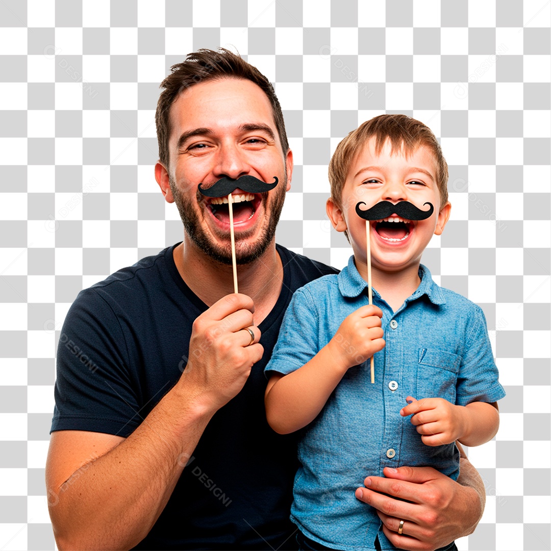 Pai e Filho Segurando Bigode Falso PNG Transparente