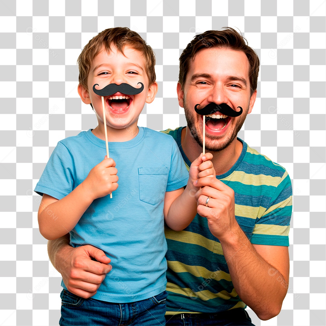 Pai e Filho Segurando Bigode Falso PNG Transparente