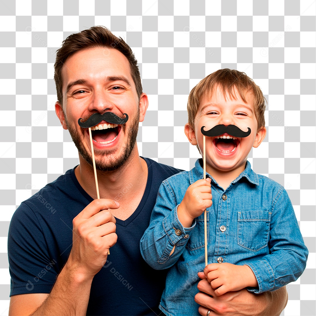 Pai e Filho Segurando Bigode Falso PNG Transparente