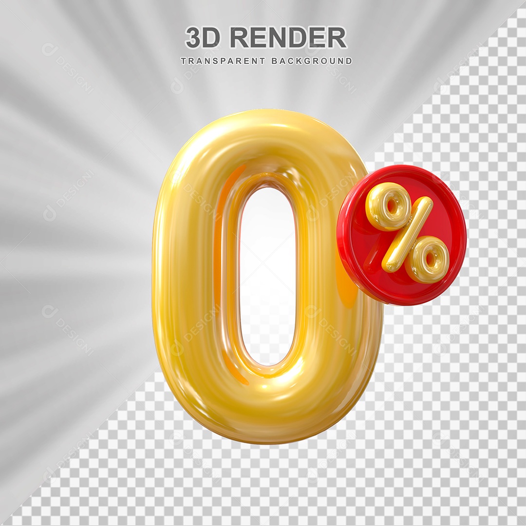 Elemento 3D Balão Dourado de Número 0% para Composição PSD