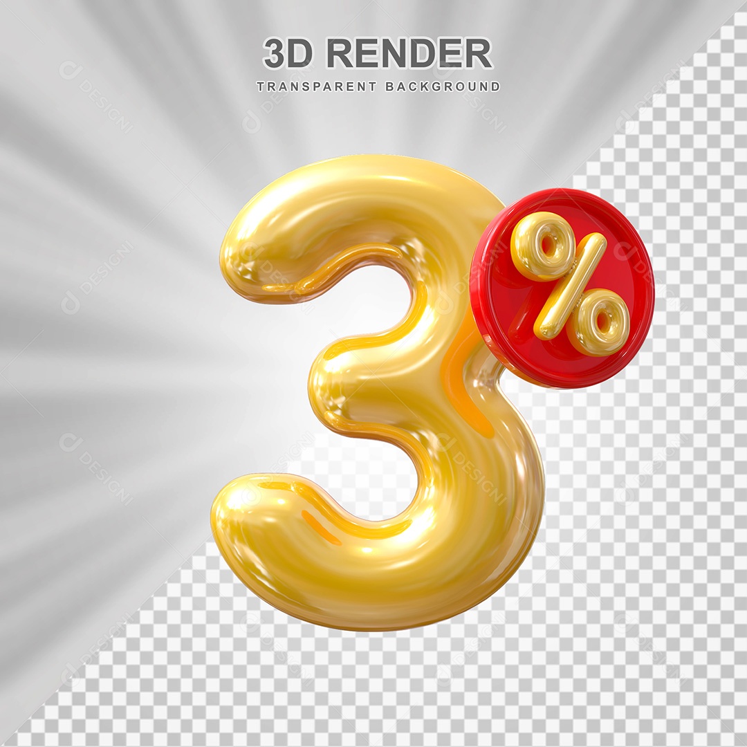 Elemento 3D Balão Dourado de Número 3% para Composição PSD