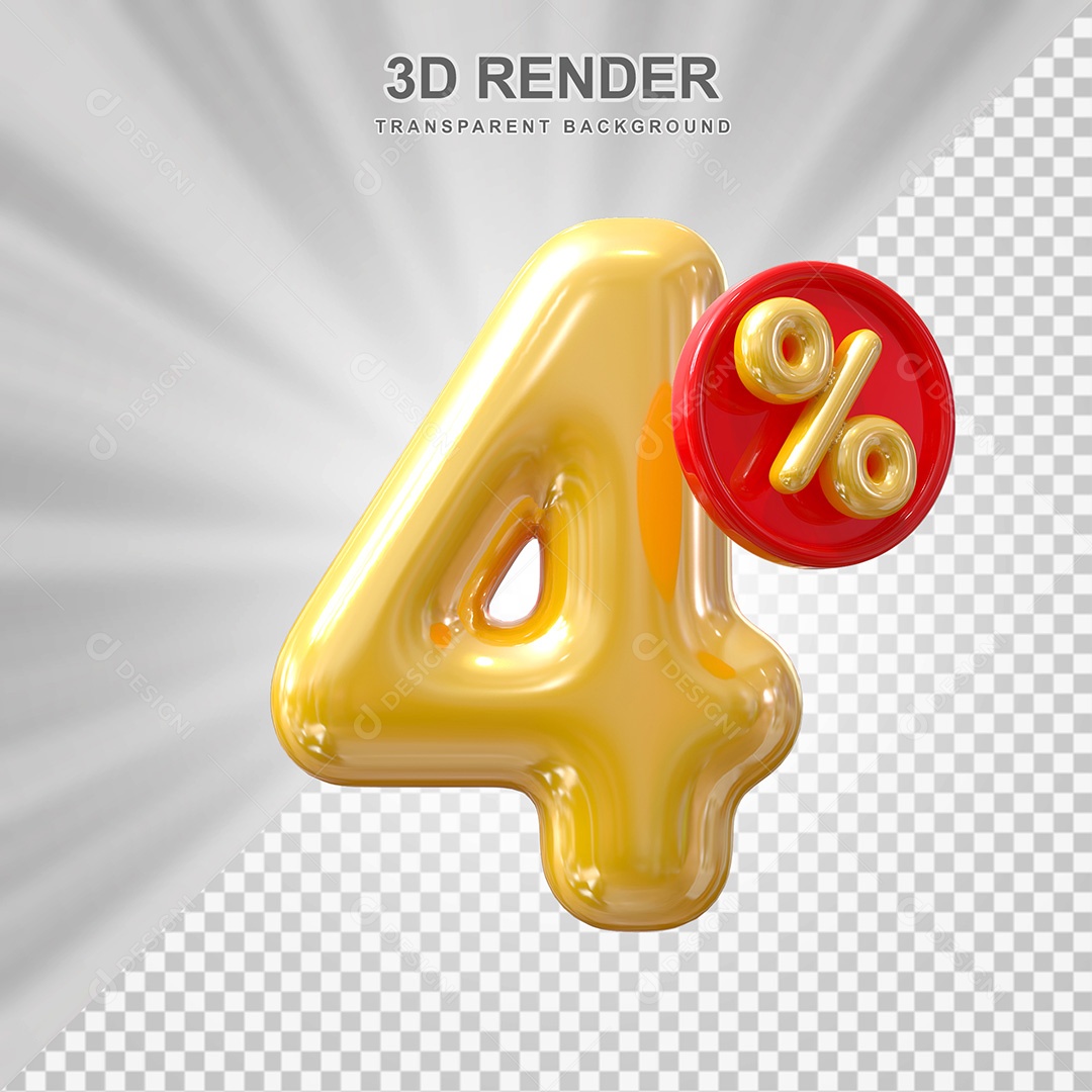 Elemento 3D Balão Dourado de Número 4% para Composição PSD