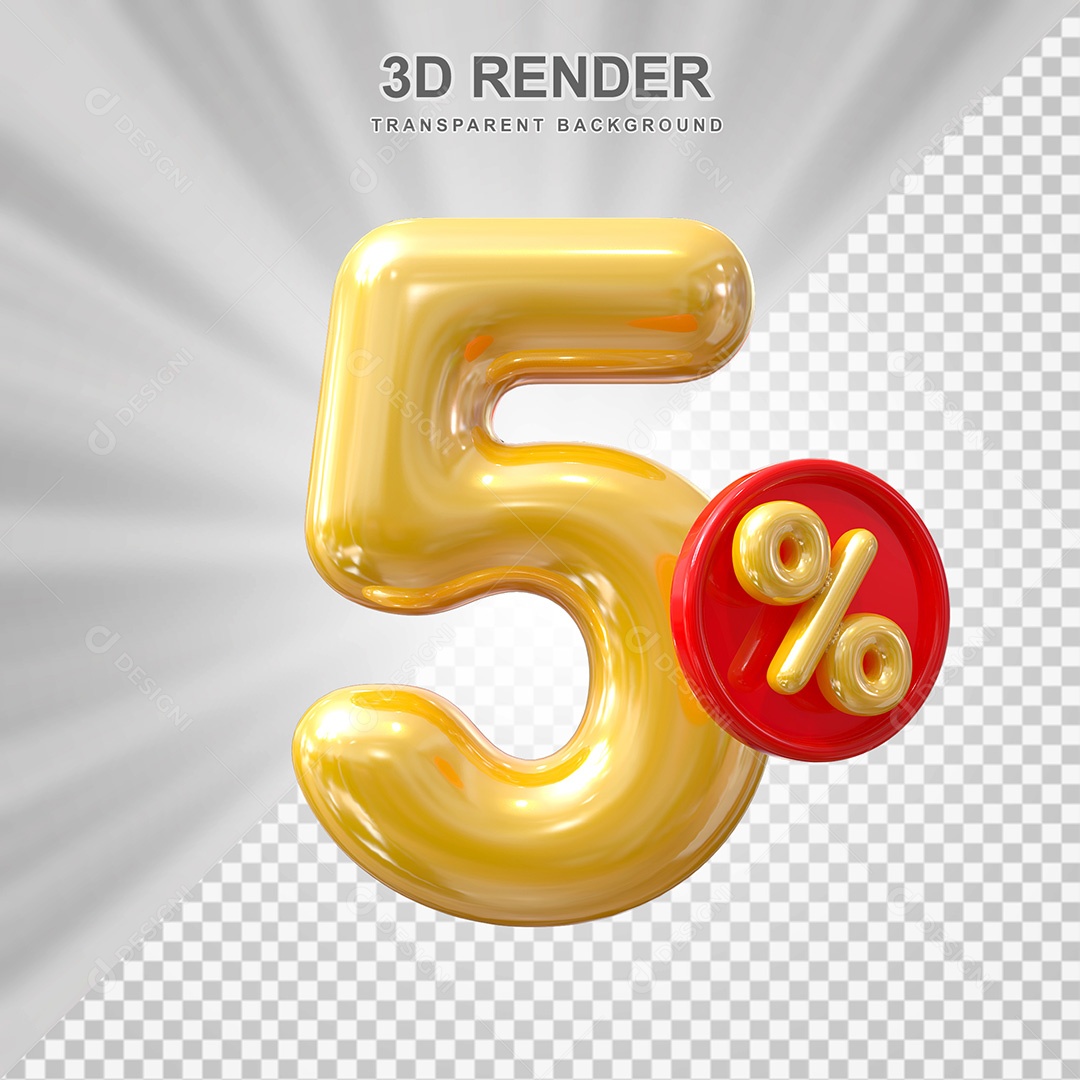 Elemento 3D Balão Dourado de Número 5% para Composição PSD
