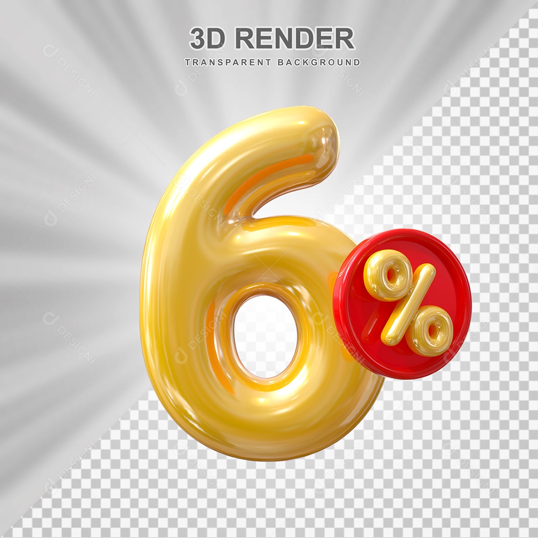 Elemento 3D Balão Dourado de Número 6% para Composição PSD