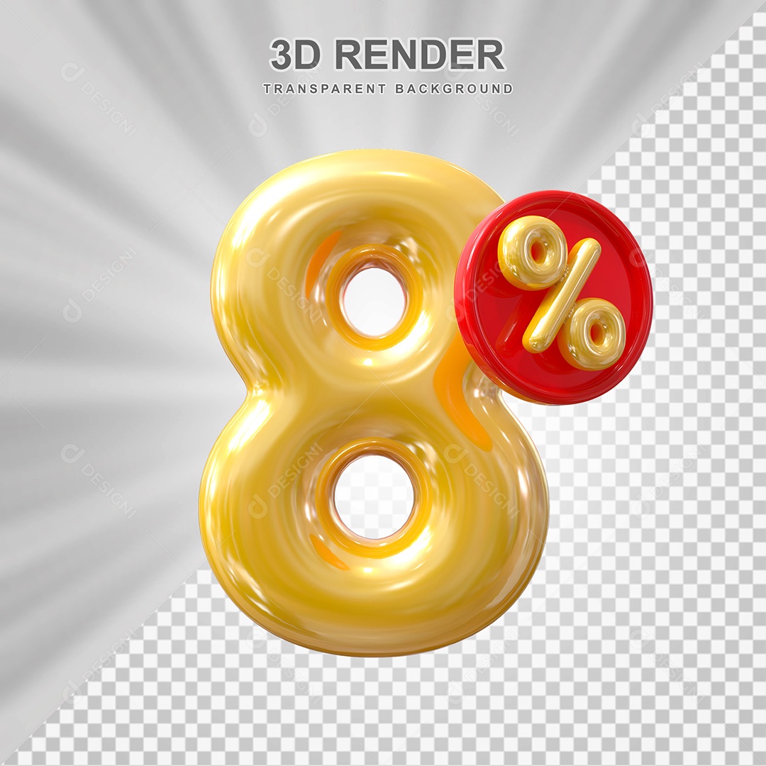 Elemento 3D Balão Dourado de Número 8% para Composição PSD