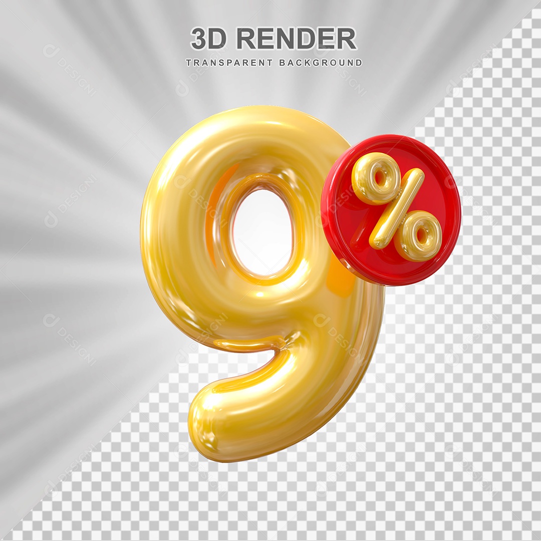 Elemento 3D Balão Dourado de Número 9% para Composição PSD