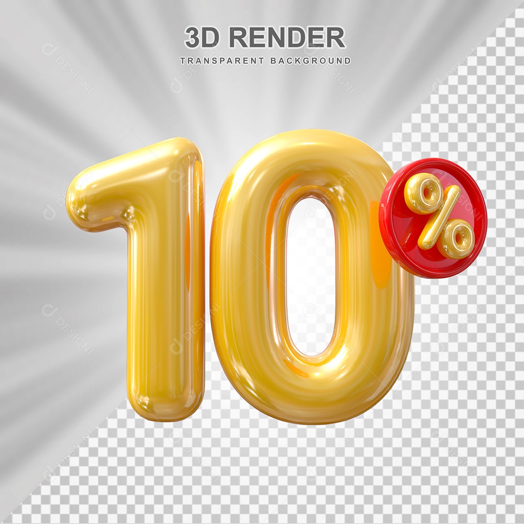 Elemento 3D Balão Dourado de Número 10% para Composição PSD