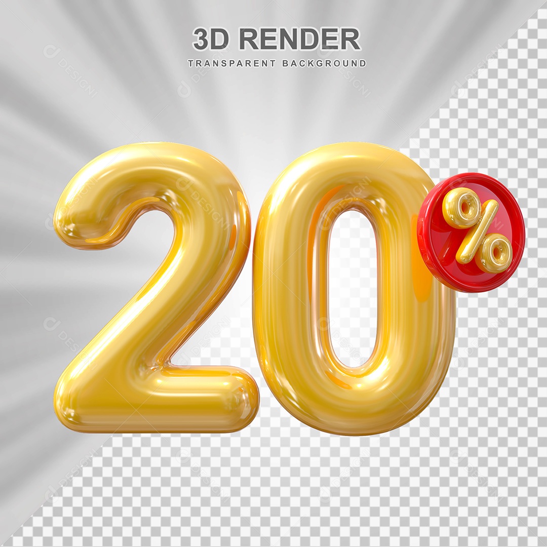 Elemento 3D Balão Dourado de Número 20% para Composição PSD