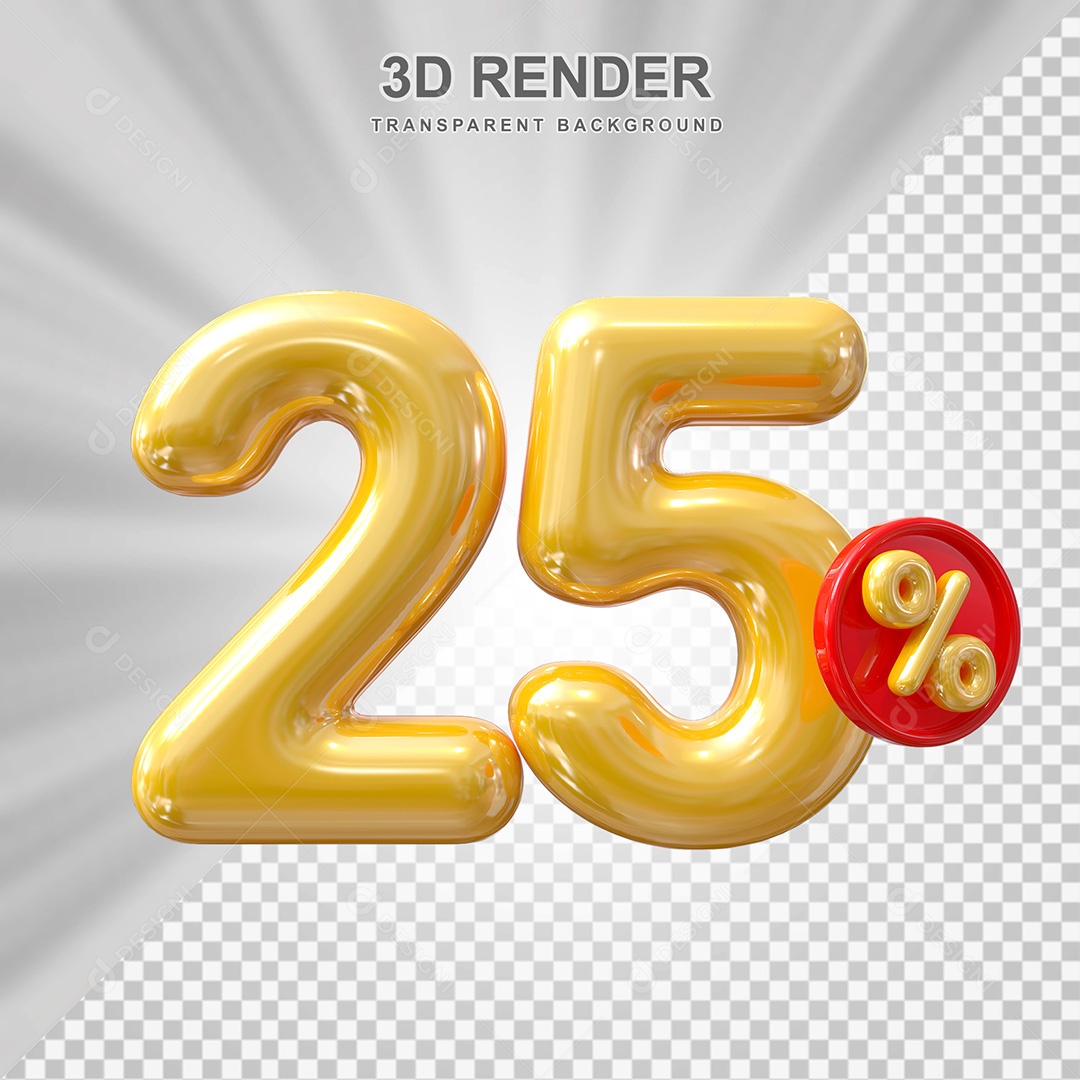 Elemento 3D Balão Dourado de Número 25% para Composição PSD