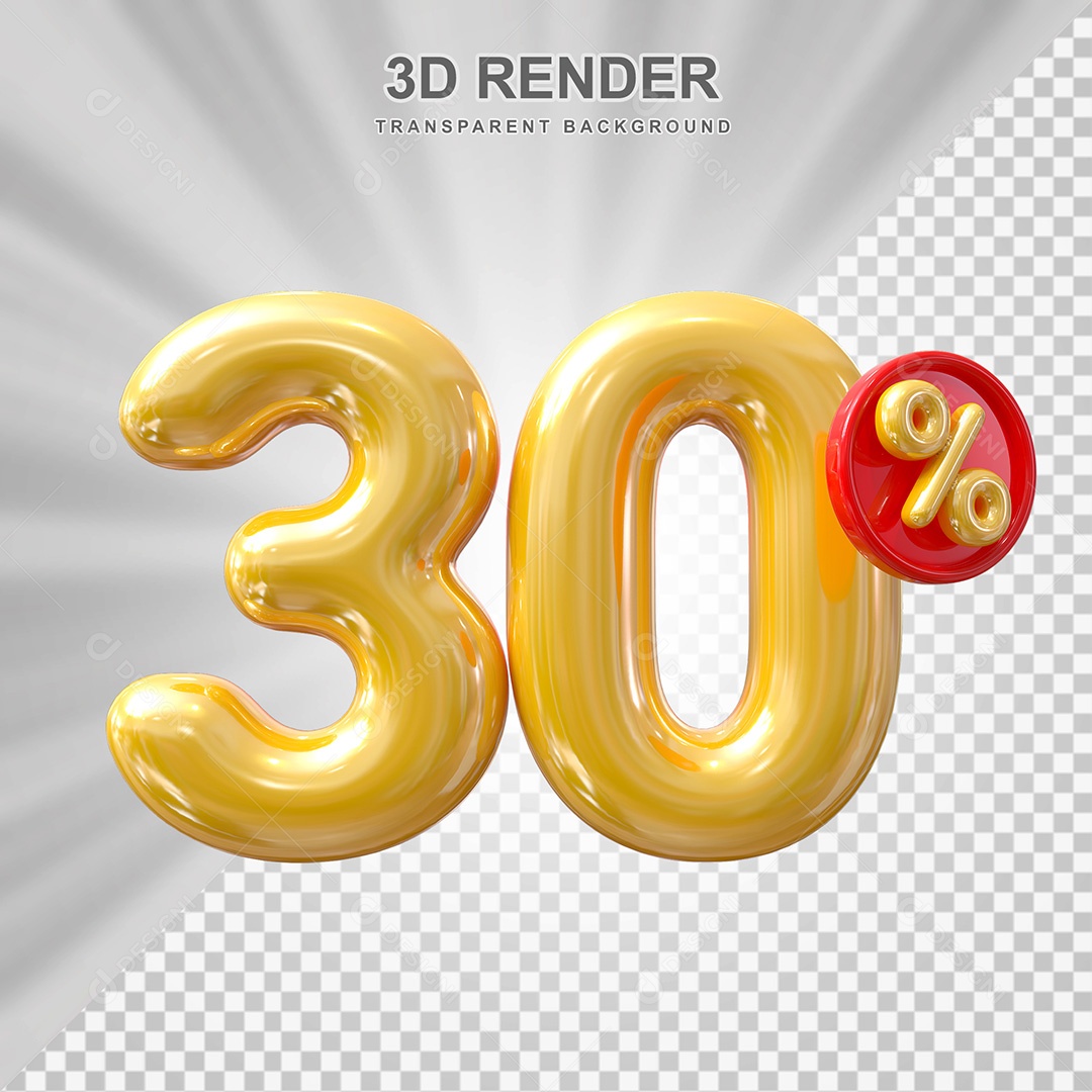 Elemento 3D Balão Dourado de Número 30% para Composição PSD