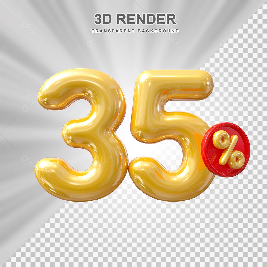 Elemento 3D Balão Dourado de Número 35% para Composição PSD