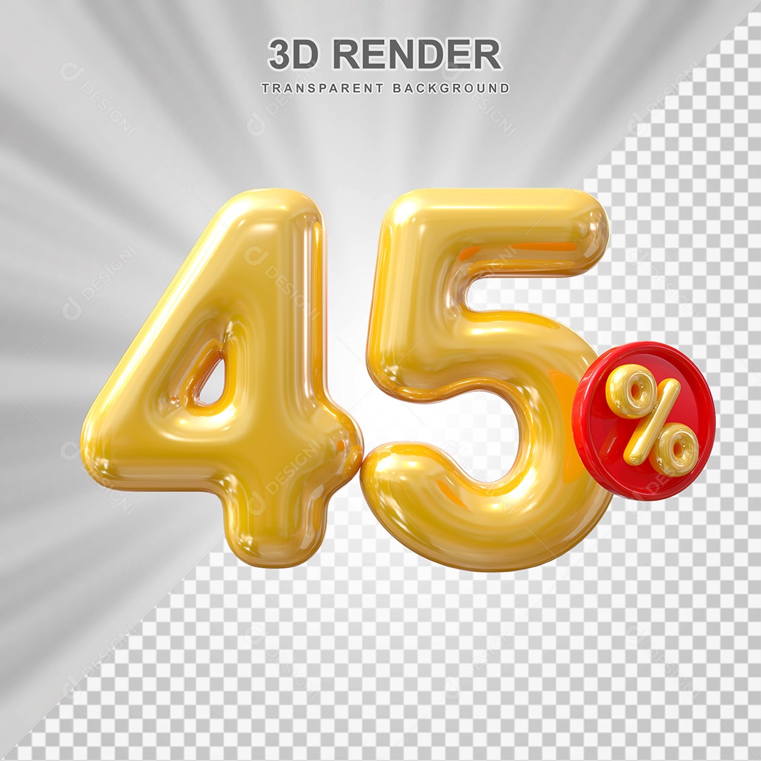 Elemento 3D Balão Dourado de Número 45% para Composição PSD