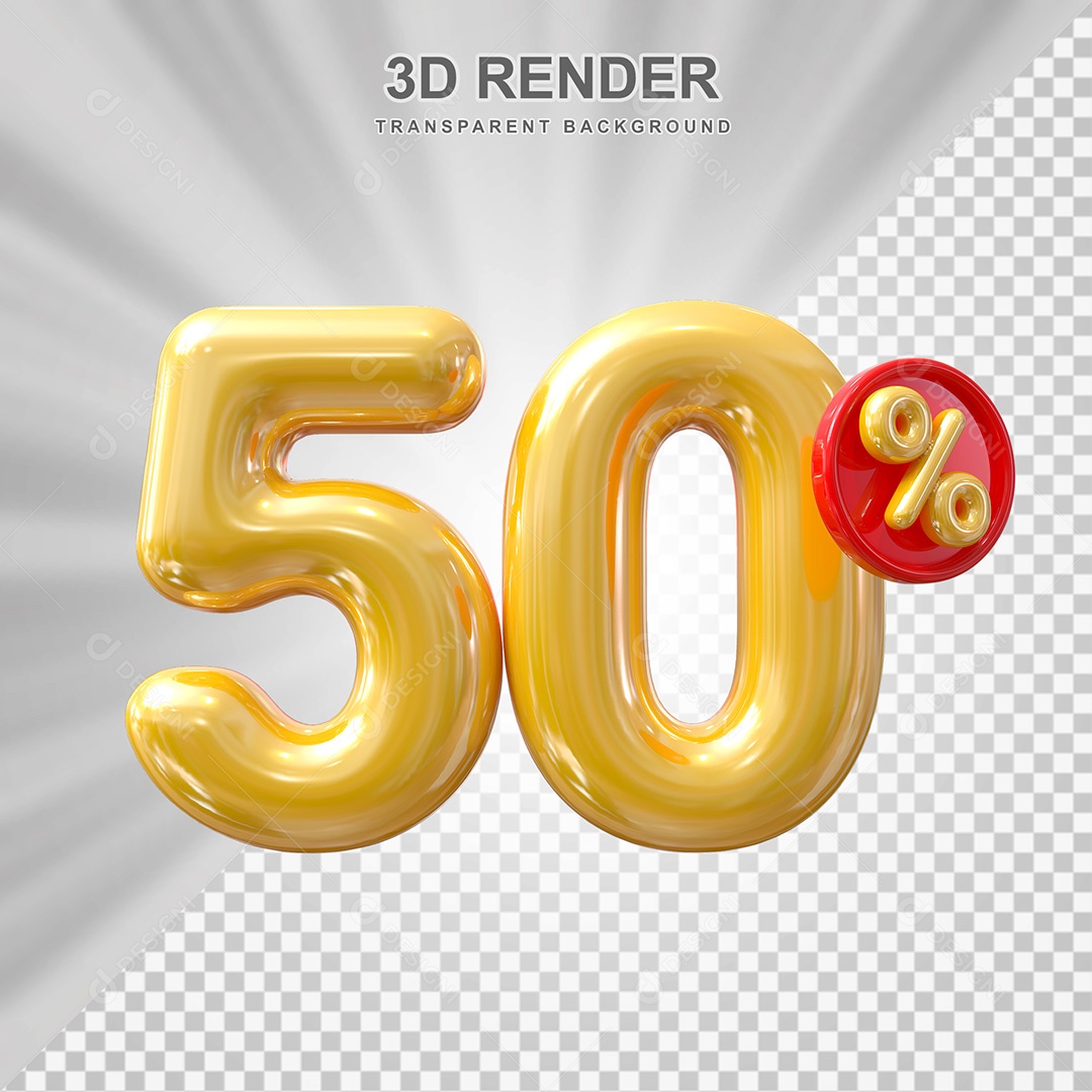 Elemento 3D Balão Dourado de Número 50% para Composição PSD