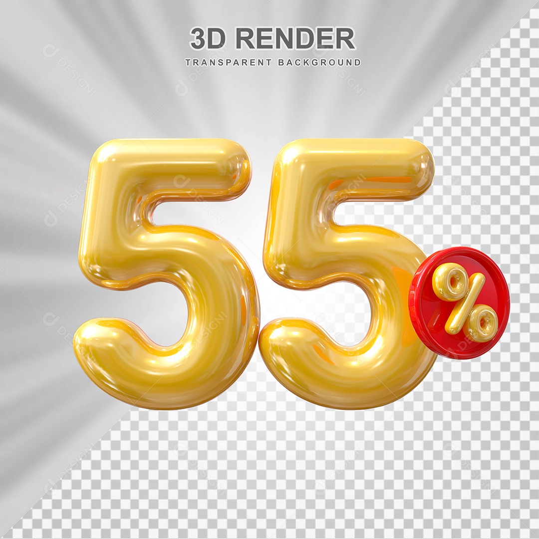 Elemento 3D Balão Dourado de Número 55% para Composição PSD