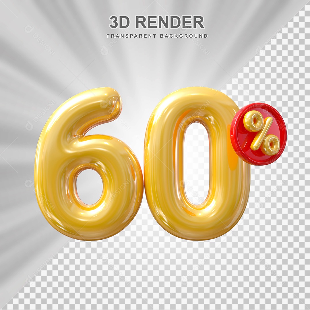 Elemento 3D Balão Dourado de Número 60% para Composição PSD