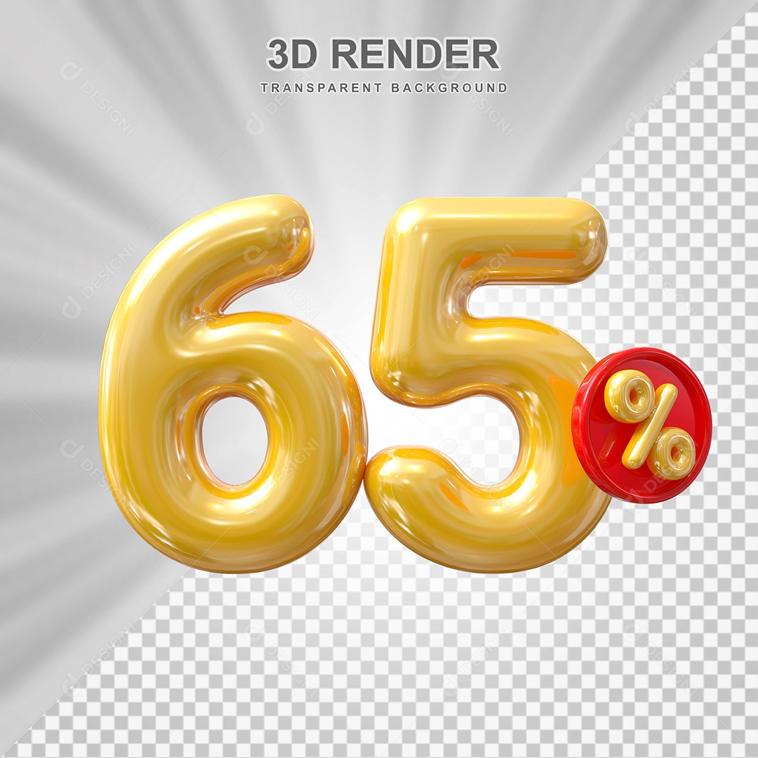 Elemento 3D Balão Dourado de Número 65% para Composição PSD