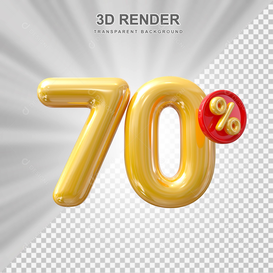 Elemento 3D Balão Dourado de Número 70% para Composição PSD