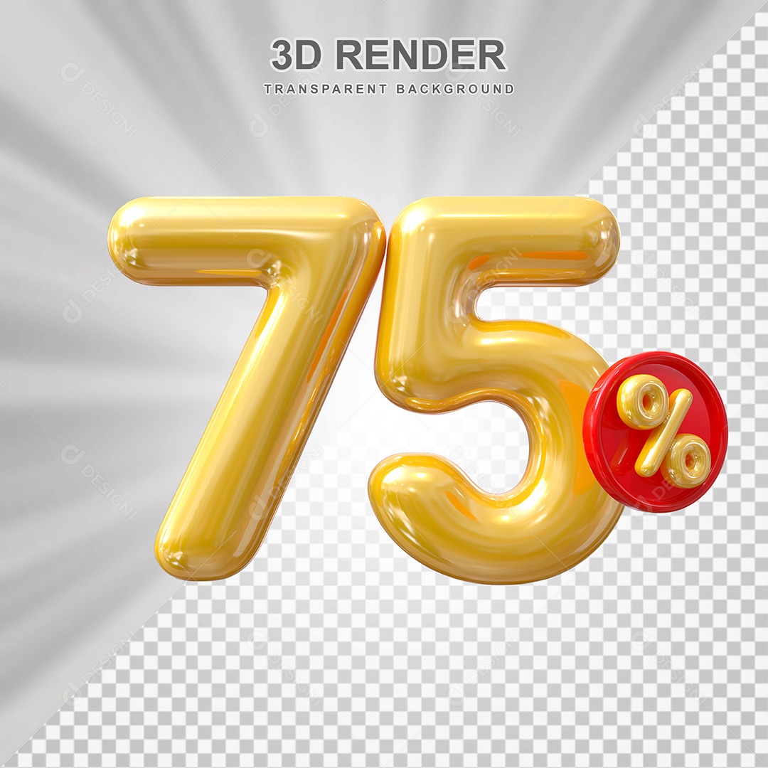 Elemento 3D Balão Dourado de Número 75% para Composição PSD