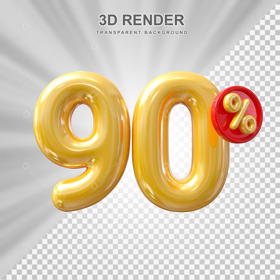 Elemento 3D Balão Dourado de Número 90% para Composição PSD