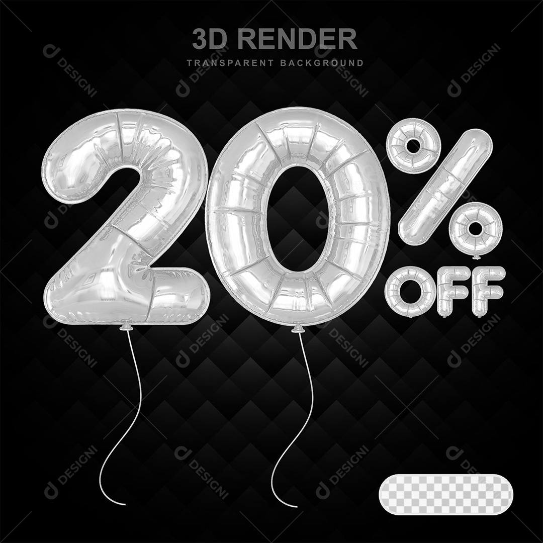 Elemento 3D Balão Prata de Número 20% para Composição PSD