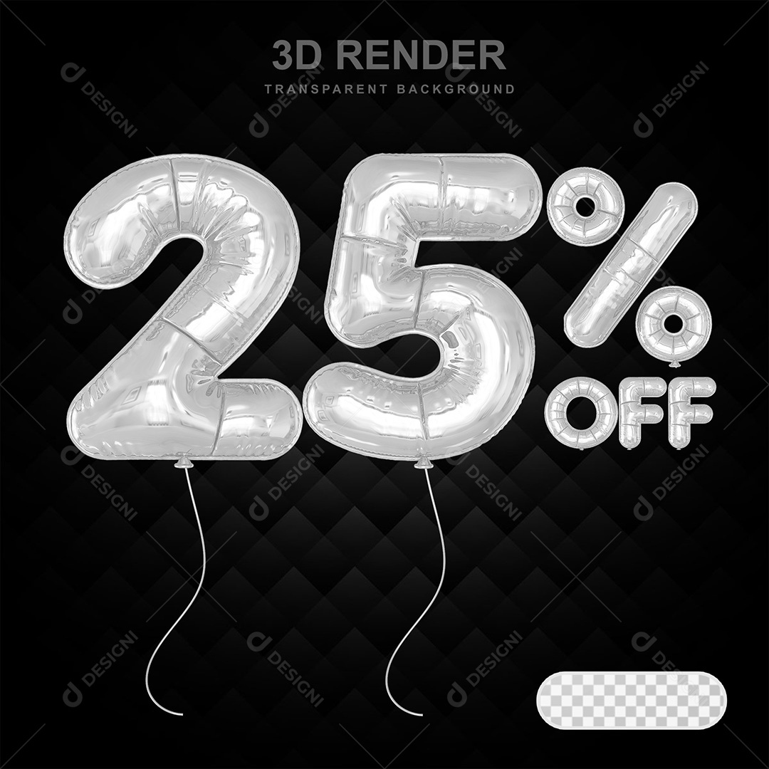 Elemento 3D Balão Prata de Número 25% para Composição PSD