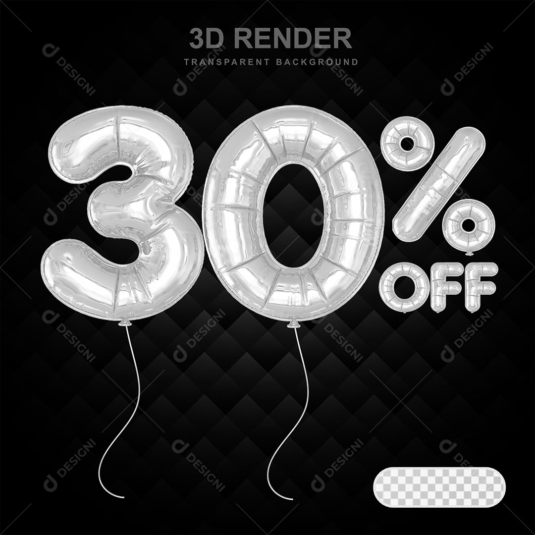 Elemento 3D Balão Prata de Número 30% para Composição PSD