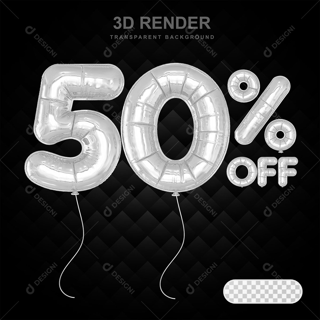 Elemento 3D Balão Prata de Número 50% para Composição PSD