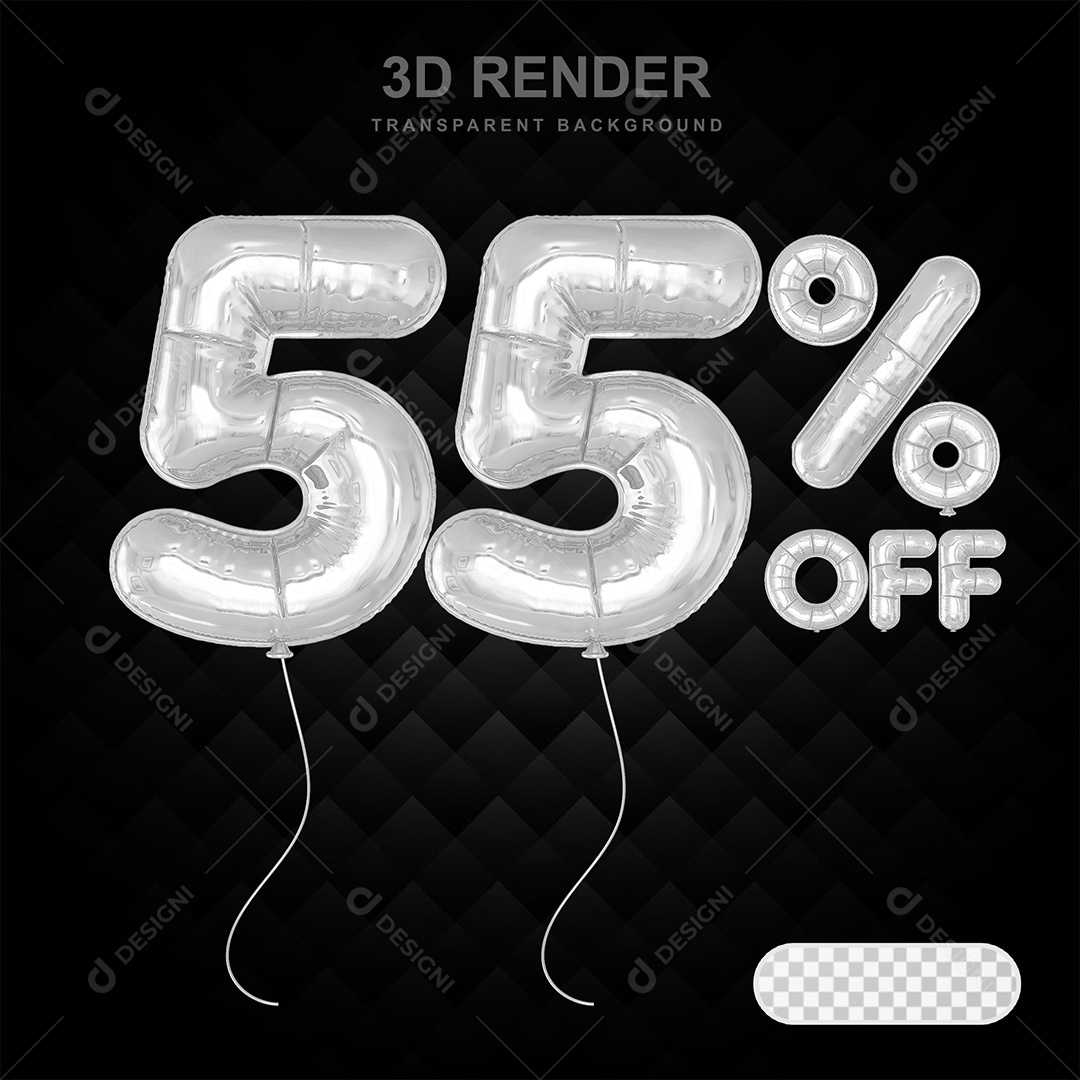 Elemento 3D Balão Prata de Número 55% para Composição PSD