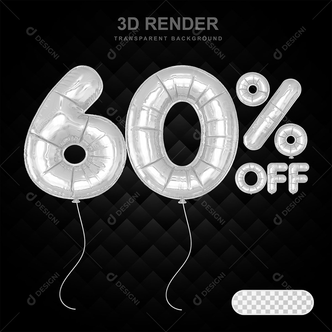 Elemento 3D Balão Prata de Número 60% para Composição PSD