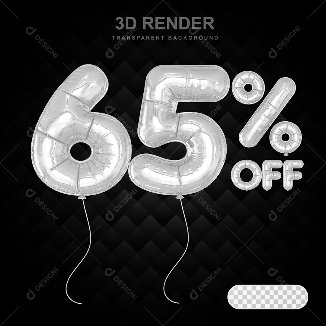 Elemento 3D Balão Prata de Número 65% para Composição PSD
