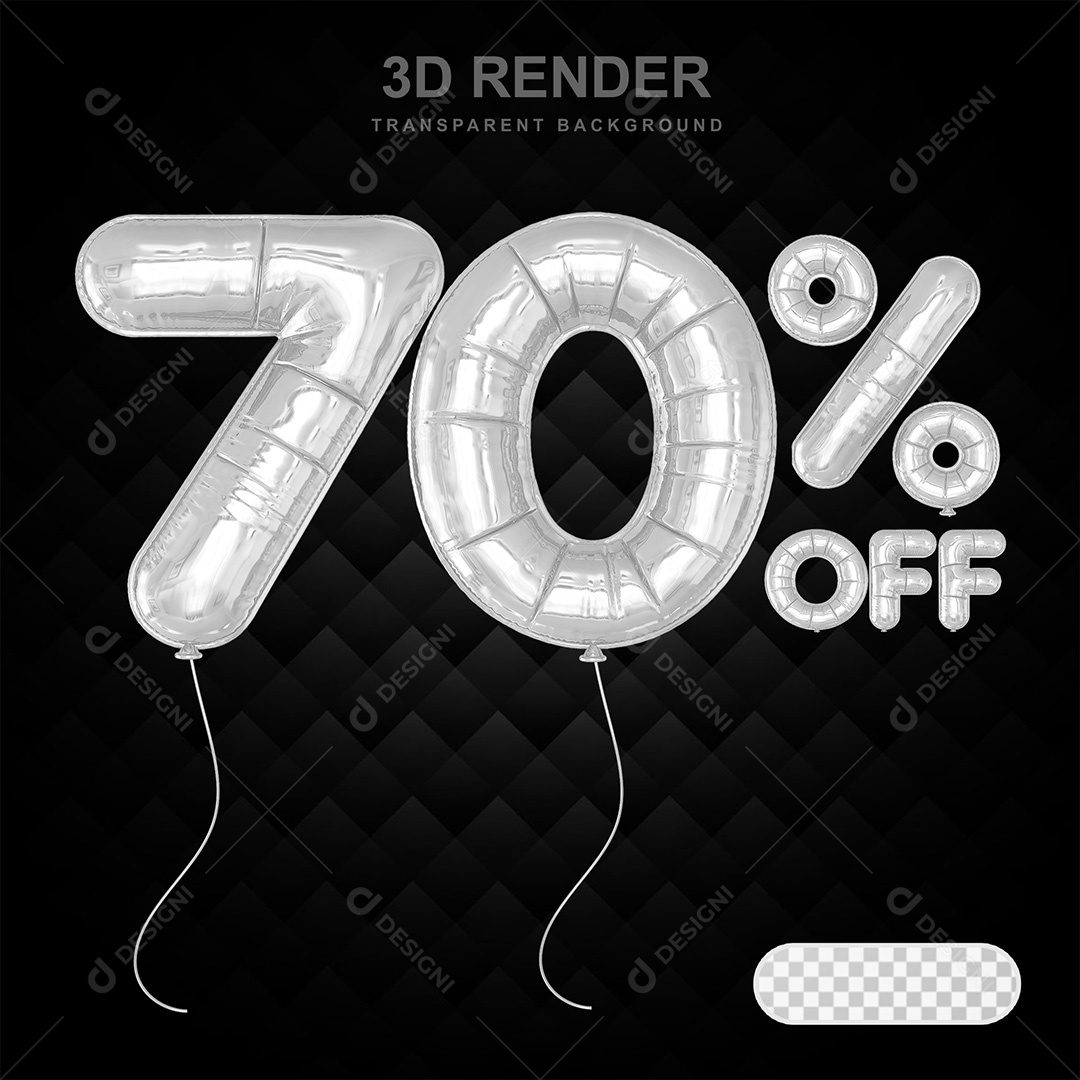 Elemento 3D Balão Prata de Número 70% para Composição PSD