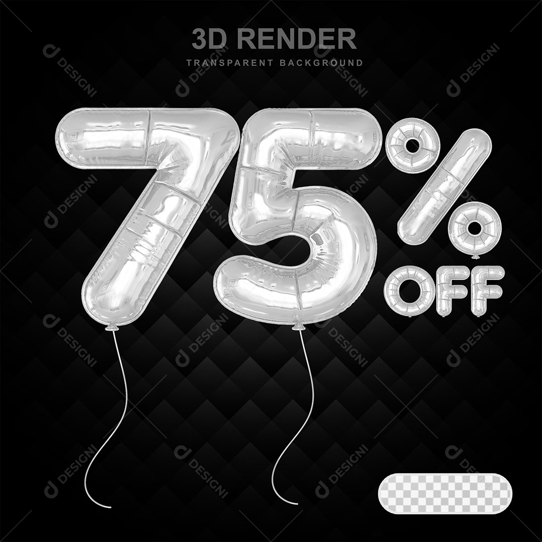 Elemento 3D Balão Prata de Número 75% para Composição PSD